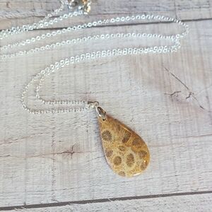 Yellow Coral Necklace Natural Fossil Pendant Tear Shape